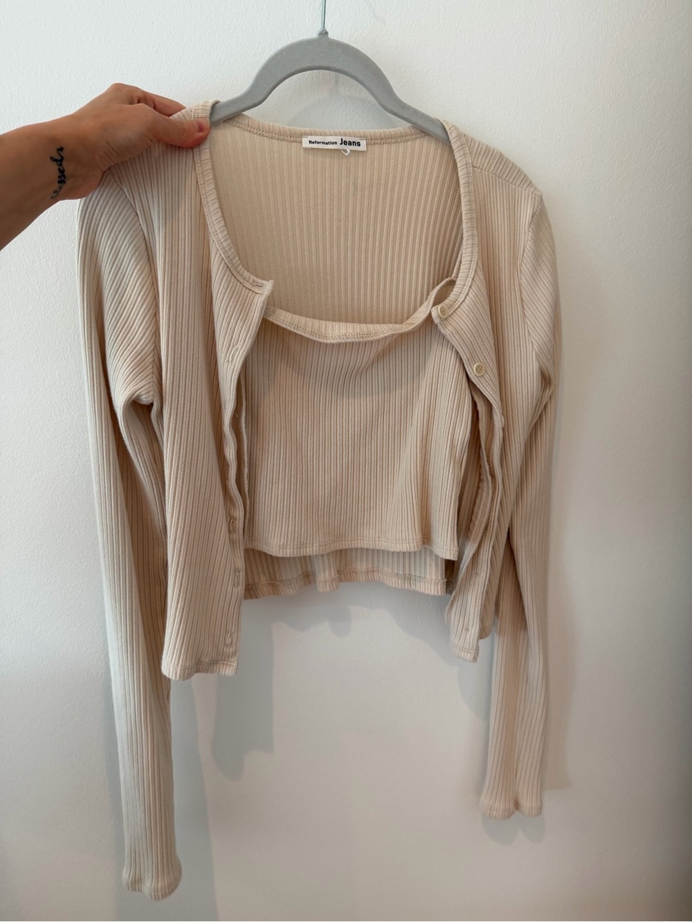 Reformation Beige Ribbed Crop Tank and Cardigan Set